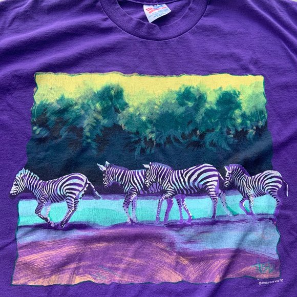 Vintage 90's Purple Zebra Zoological Park Short Sleeve Crew Neck Tshirt - Picture 4 of 4